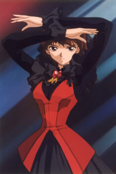 1990s_(style) 1girl absurdres anime_coloring arms_up artist_request black_dress black_eyes breasts brown_hair closed_mouth cowboy_shot determined dress expressionless eyelashes frilled_dress frills highres jewelry key_the_metal_idol layered_dress long_sleeves looking_at_viewer medium_breasts official_art red_dress retro_artstyle scan short_hair solo third-party_source utsuse_miho