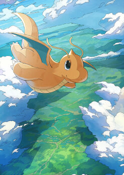 above_clouds absurdres claws closed_mouth cloud commentary_request day dragonite flying gen_1_pokemon highres kumo33 looking_up nintendo no_humans outdoors pokemon pokemon_(creature) sky smile solo