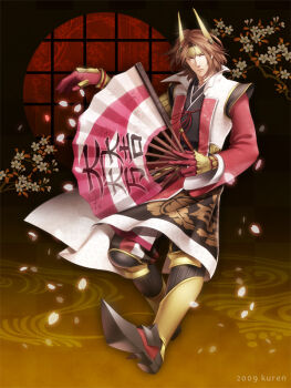 Rule 34 | armor, brown hair, coat, fan, folding fan, hand fan, ishida mitsunari (sengoku musou), japanese clothes, kimono, kuren, male focus, petals, sengoku musou