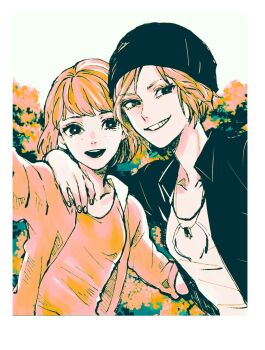 2girls :d animification ashinamaturi beanie black_eyes bob_cut breasts bright_pupils chloe_price foliage freckles grin hand_on_another&#039;s_shoulder hat highres jacket life_is_strange_(series) life_is_strange_1 limited_palette long_sleeves max_caulfield multiple_girls open_clothes open_jacket open_mouth selfie shirt short_hair side-by-side small_breasts smile t-shirt teeth upper_body white_background white_pupils