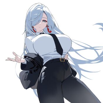 1girl alternate_costume black_jacket black_necktie black_pants breasts closed_mouth floating_hair genshin_impact grey_hair hair_over_one_eye high-waist_pants highres jacket large_breasts long_hair looking_at_viewer necktie off_shoulder pants shenhe_(genshin_impact) shirt simple_background solo white_background white_shirt yumeto_(ym-1)