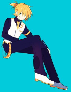 1boy armband bass_clef belt blonde_hair blue_background blue_eyes collared_shirt full_body high_ponytail hikusa invisible_chair kagamine_len long_sleeves looking_to_the_side male_focus necktie pants ponytail shirt short_ponytail sitting solo vest vocaloid