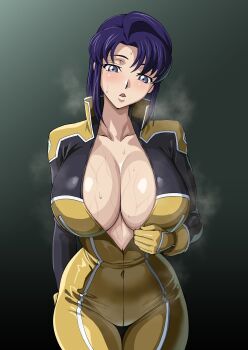 1girl blue_eyes blue_hair bodysuit breasts cecile_croomy code_geass female_focus highres huge_breasts iwao178 light_blush looking_at_viewer open_mouth short_hair solo sweat