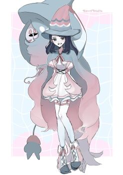 1girl black_hair black_sclera blue_eyes blue_hair boots colored_sclera colored_skin cosplay dress gen_8_pokemon hair_ornament hair_over_one_eye hairclip hat hatterene hatterene_(cosplay) highres liko_(pokemon) long_hair looking_at_viewer multicolored_hair multicolored_skin nintendo open_mouth pokemon pokemon_(anime) pokemon_(creature) pokemon_horizons short_sleeves smile thighhighs two-tone_skin white_skin witch_hat yon_(motomu22)