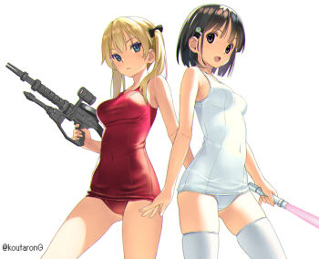 2girls :d bare_arms bare_shoulders black_bow black_hair blonde_hair blue_eyes bow breasts closed_mouth commentary_request covered_navel grey_eyes gun hair_bow hair_ornament hairclip holding holding_gun holding_weapon koutaro looking_at_viewer medium_breasts multiple_girls old_school_swimsuit one-piece_swimsuit open_mouth original red_one-piece_swimsuit school_swimsuit simple_background smile swimsuit thighhighs twintails weapon weapon_request white_background white_legwear white_one-piece_swimsuit