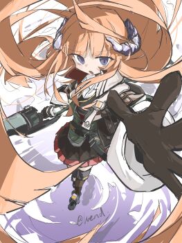 1girl arknights bagpipe_(arknights) blue_eyes chinese_commentary commentary_request floating_hair foreshortening from_above highres holding holding_polearm holding_weapon horns looking_at_viewer lue_nd open_mouth orange_hair perspective pleated_skirt polearm reaching reaching_towards_viewer skirt solo weapon