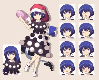 1girl 4rion :d absurdres blob blue_hair blush book closed_eyes closed_mouth commentary_request dark_blue_hair doremy_sweet dress drop_shadow frilled_socks frills full_body fur-tipped_tail hair_down hand_up hat highres holding holding_book leg_up long_hair multiple_expressions nightcap no_shoes nose_blush open_mouth pom_pom_(clothes) red_hat short_sleeves simple_background small_sweatdrop smile socks solo standing standing_on_one_leg tachi-e tail tearing_up touhou two-tone_dress