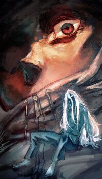 Rule 34 | 2boys, creepy eyes, highres, hood, hooded jacket, itadori yuuji, jacket, jujutsu kaisen, jujutsu kaisen modulo, long hair, mahito (jujutsu kaisen), male focus, multiple boys, red eyes, scared, sonic1nstinct, white hair