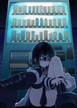 Rule 34 | 1girl, aqua eyes, arm warmers, ass peek, belt collar, black arm warmers, black boots, black hair, black leg warmers, black shirt, boots, clothes between thighs, coat, collar, commentary, cross, cross-shaped pupils, cross earrings, double-parted bangs, drink, earrings, expressionless, fence, full body, hair between eyes, hair intakes, hair ornament, highres, hood, hood down, hooded coat, jewelry, leg warmers, legs, looking down, multicolored hair, night, on floor, original, platform boots, ring, shirt, short hair, sidelocks, single arm warmer, single leg warmer, sky, sleeves past wrists, solo, star (sky), starry sky, striped arm warmers, striped leg warmers, su ha ya, symbol-shaped pupils, thighs, two-tone hair, tying footwear, untranslatable commentary, vending machine, white arm warmers, white coat, white leg warmers, x hair ornament, yayo-cha (su ha ya)