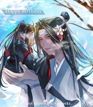 Rule 34 | 2boys, ahoge, bishounen, black boots, black hair, black hanfu, blue sky, blush, boots, branch, breath, brown hair, chinese clothes, closed eyes, cloud, dated, day, english text, falling petals, flower, grey eyes, hair flower, hair ornament, hair ribbon, hand on another's face, hanfu, happy birthday, headband, high ponytail, highres, holding, holding mini person, holding wheat, korean commentary, lan wangji, long hair, long sleeves, looking at another, looking at viewer, male focus, mini person, miniboy, modao zushi, multiple boys, nave mdzs, open mouth, outdoors, pants, parted lips, petals, ponytail, red ribbon, ribbon, robe, sidelocks, sitting on hand, size difference, sky, sleeves past wrists, smile, tassel, tassel hair ornament, topknot, tree, twitter username, upper body, very long hair, wei wuxian, white flower, white hanfu, white headband, white pants, wide sleeves, xiao guan (headdress), yaoi, yellow eyes