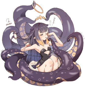 1girl blunt_bangs blush gradient_hair highres hololive hololive_english long_hair looking_at_viewer mole mole_under_eye multicolored_hair ninomae_ina'nis orange_hair pointy_ears purple_hair sidelocks tentacle_hair tentacles toothbrush torokko very_long_hair virtual_youtuber