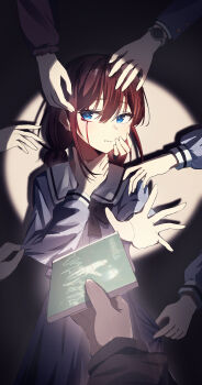 Rule 34 | 6+girls, absurdres, aijotooko, black bow, black bowtie, blood, blood on face, blue eyes, blue shirt, blue skirt, bow, bowtie, brown hair, cd case, commentary request, girls band cry, highres, iseri nina, kawaragi momoka, low twintails, medium hair, multiple girls, pulling another's clothes, school uniform, shirt, short twintails, sidelocks, skirt, spotlight, twintails