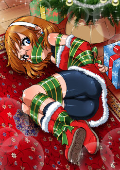 1girl arms_behind_back bike_shorts blue_eyes bound bound_arms bound_legs brown_hair christmas christmas_present christmas_tree daikinbakuju dress elbow_gloves fingerless_gloves full_body fur_trim gag gagged gift glasses gloves hairband highres improvised_gag loli looking_at_viewer lying on_side original ribbon ribbon_bondage round_eyewear santa_costume santa_dress solo