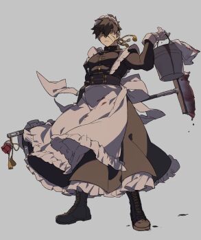1boy apron black_boots black_dress blood blood_on_clothes boots bucket buttons crossdressing crossdressing_(mtf) cyp1a2 doudanuki_masakuni dress frown full_body gloves grey_background highres holding holding_bucket holding_mop long_sleeves maid male_focus male_maid mop scar scar_on_face short_hair simple_background solo standing tassel touken_ranbu towel waist_apron white_gloves