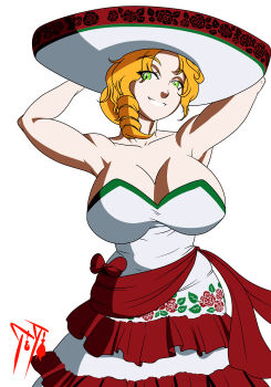 Rule 34 | 1girl, alternate costume, armpits, arms behind head, artist name, blonde hair, breasts, cleavage, dress, glynda goodwitch, green eyes, half-closed eyes, hat, highres, large breasts, long hair, looking at viewer, mature female, mexican dress, mexico, parted lips, rwby, seductive gaze, seductive smile, smile, solo, sombrero, suicidetoto