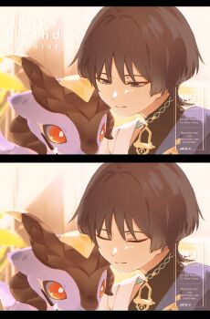 Rule 34 | 1boy, artist name, ashr m03, black bodysuit, black border, black hair, blue cape, blunt ends, bodysuit, border, cape, choppy bangs, closed eyes, closed mouth, dated, dragon, durin (genshin impact), eyeliner, facing another, genshin impact, grey eyes, happy birthday, highres, holding, holding pen, japanese clothes, kimono, looking at another, makeup, male focus, mandarin collar, mini durin (genshin impact), pen, red eyeliner, ringed eyes, scaramouche (genshin impact), shoulder peek, small dragon, smile, split mouth, wanderer (genshin impact), watermark, white kimono, writing