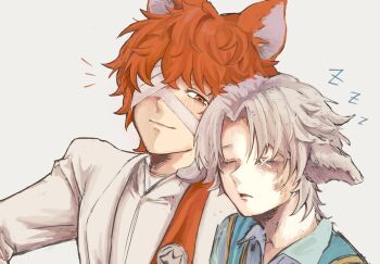 Rule 34 | 2boys, animal ears, bandage over one eye, blue vest, closed eyes, cross stitch, eh8pgik33326, florian brand, florian brand (proposal), fox boy, fox ears, hair intakes, highres, identity v, jacket, lamb ears, leaning on person, looking at another, male focus, matthias czernin, matthias czernin (the boy who fell), multiple boys, orange eyes, orange hair, scar, scar on face, sheep boy, sheep ears, stitched eye, vest, white hair, white jacket, zzz