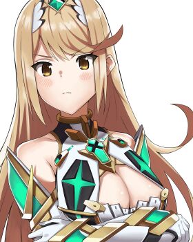 1girl blonde_hair blush breasts cleavage dress female_focus gloves highres j@ck large_breasts long_hair looking_at_viewer mythra_(xenoblade) nintendo ore_no_imouto_ga_konna_ni_kawaii_wake_ga_nai parody simple_background solo white_background xenoblade_chronicles_(series) xenoblade_chronicles_2