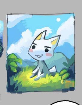 bajinns blush cat chibi doko_demo_issyo furry furry_male grass inoue_toro on_grass open_mouth picture_frame sitting sony white_cat white_fur