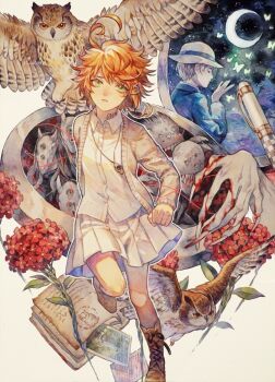 1boy 1girl ahoge animal bird blood book boots bug butterfly cardigan claws crescent_moon demon emma_(yakusoku_no_neverland) extra_eyes flower giant_hand glowing_butterfly green_eyes highres insect jewelry monster moon neck_tattoo necklace nib_pen_(object) night norman_(yakusoku_no_neverland) open_book orange_hair owl painting_(medium) pen pendant pleated_skirt red_flower sashiyama-kyukoya school_uniform short_hair skirt sky star_(sky) starry_sky string string_of_fate sweater tattoo traditional_media watercolor_(medium) white_hair white_skirt yakusoku_no_neverland