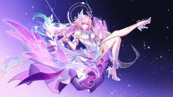 1girl aqua_hair bare_shoulders beiduan breasts chinese_commentary commentary_request cyrene_(honkai:_star_rail) cyrene_(ripples_of_past_reverie)_(honkai:_star_rail) dated diamond-shaped_pupils diamond_(shape) dress flower hair_flower hair_ornament halo high_heels highres honkai:_star_rail honkai_(series) large_breasts long_hair looking_at_viewer multicolored_hair on_swing pink_hair purple_eyes sky solo star_(sky) starry_sky swing symbol-shaped_pupils very_long_hair white_dress white_hair