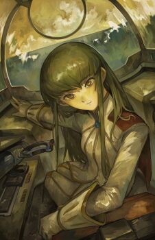 1girl absurdres c.c. code_geass collared_shirt green_hair highres kornod long_hair looking_at_viewer orange_eyes shirt sitting solo vehicle_interior white_shirt