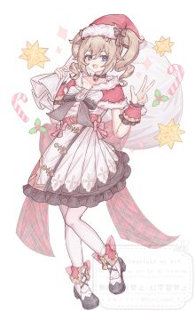 1girl absurdres adapted_costume barbara_(genshin_impact) blonde_hair blue_eyes boots commentary_request dress full_body fumicode2_3 genshin_impact hat high_heel_boots high_heels highres looking_at_viewer medium_hair open_mouth pantyhose red_hat santa_hat simple_background smile solo standing twintails white_background white_dress white_pantyhose