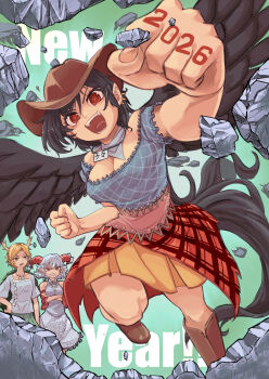 2026 3girls absurdres black_wings boots breasts brown_boots brown_hat chinese_zodiac cleavage cowboy_hat dragon_girl dragon_horns earrings feathered_wings green_background happy_new_year hat highres horns horse_girl horse_tail jewelry kaden_(muxt8423) kicchou_yachie kurokoma_saki looking_at_viewer multiple_girls new_year open_mouth plaid_clothes plaid_skirt punching red_eyes red_horns sheep_girl skirt smile tail touhou toutetsu_yuuma wings year_of_the_horse