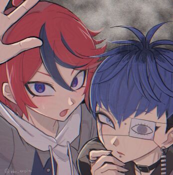 2boys bbr_(bbr_topia) belt_collar black_collar black_hair blue_eyes blue_hair blush bridge_piercing chin_piercing chromatic_aberration closed_mouth collar commentary drawstring earrings expressionless eyepatch eyes_visible_through_hair face_piercing facepaint grey_jacket hair_between_eyes hood hood_down hoodie jacket jacket_over_hoodie jewelry male_focus mismatched_earrings multicolored_hair multiple_boys omokage_yugamu open_clothes open_jacket open_mouth piercing print_eyepatch red_hair ring roots_(hair) sanpaku short_hair streaked_hair sweat symbol-only_commentary the_hundred_line_-last_defense_academy- tsurime twitter_username two-tone_hair v-shaped_eyebrows watermark white_hoodie