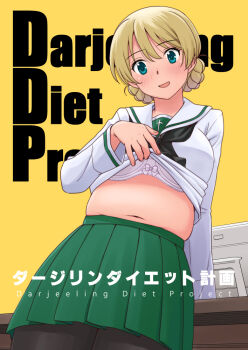 1girl arm_support black_neckerchief black_pantyhose blonde_hair blue_eyes blush bow bow_bra bra braid breasts clothes_lift commentary_request darjeeling_(girls_und_panzer) desk embarrassed english_text girls_und_panzer green_skirt green_trim lifting_own_clothes long_sleeves looking_at_viewer monitor navel neckerchief ooarai_school_uniform pantyhose parted_lips pleated_skirt plump sailor_collar school_uniform shirt shirt_lift skirt smile stomach translated underwear uona_telepin white_bra white_sailor_collar white_shirt yellow_background