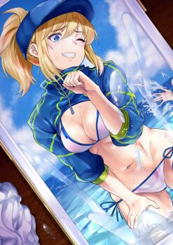1girl ahoge ao_(time-leap) artoria_pendragon_(fate) baseball_cap bikini blonde_hair blue_eyes blue_hat breasts cowboy_shot cum_on_object day fate/grand_order fate_(series) female_focus hand_on_own_thigh hat highres lowleg lowleg_bikini medium_breasts mysterious_heroine_x_(fate) mysterious_heroine_xx_(fate) navel one_eye_closed outdoors ponytail shrug_(clothing) side-tie_bikini_bottom solo solo_focus splashing swimsuit wading water white_bikini