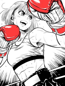 Rule 34 | 1girl, abs, armpit peek, boxing, boxing gloves, boxing ring, boxing shorts, breasts, commentary request, fighting stance, flying sweatdrops, gloves, hatching (texture), highres, lee (dragon garou), medium breasts, midriff, monochrome, mouth guard, open mouth, original, red gloves, serious, shorts, solo, sports bra, spot color, sweat, upper body, v-shaped eyebrows, very sweaty