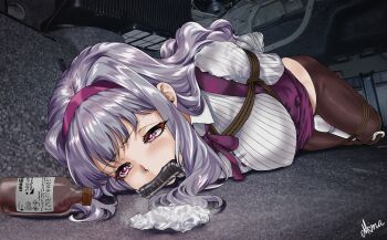 1girl bdsm bit_gag bondage bottle bound bound_arms bound_legs bound_thighs breasts brown_pantyhose car_trunk chloroform commentary detached_sleeves drawfagmona english_commentary gag grey_hair hairband highres hitachi_magic_wand idolmaster idolmaster_(classic) in_trunk kidnapped large_breasts long_hair lying no_pants pantyhose purple_eyes purple_hairband rope sex_toy shijou_takane solo variant_set vibrator