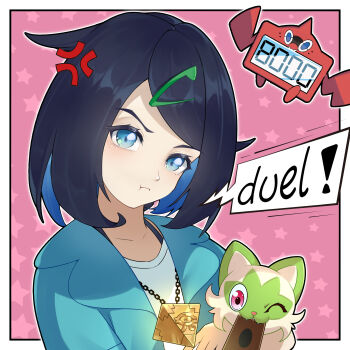 1girl :t absurdres anger_vein blue_eyes border card closed_mouth commentary_request gen_4_pokemon hair_ornament hairclip harryhong head_tilt highres holding holding_pokemon jacket liko_(pokemon) millennium_puzzle nintendo open_clothes open_jacket outside_border pokemon pokemon_(anime) pokemon_(creature) pokemon_horizons pout rotom rotom_dex shirt speech_bubble sprigatito star_(symbol) swept_bangs white_border white_shirt yu-gi-oh!