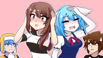 Rule 34 | 2boys, 2girls, animal ears, beanie, blue eyes, blue hair, blush, brown hair, closed eyes, colored skin, commentary, daidus (character), earflap beanie, embarrassed, emirichu (character), english commentary, fang, hand on own head, hands on own head, hat, highres, indie virtual youtuber, jordan sweeto, multiple boys, multiple girls, nose blush, pale skin, pink background, real life, shirt, small sweatdrop, striped clothes, striped shirt, sweatdrop, thick eyelashes, virtual youtuber, wide-eyed, wolf ears, wolf girl, wolfychu, wolfychu (artist)