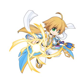 1boy blue_coat boots cardinal_(ragnarok_online) chibi chibi_only closed_mouth coat full_body gold_trim green_eyes holding holding_staff jewelry long_sleeves looking_at_viewer magic male_focus multiple_rings official_art open_clothes open_shirt pants ragnarok_online ring sash shirt simple_background smile solo staff transparent_background white_boots white_pants white_sash white_shirt yuichirou