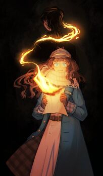 2girls back-to-back belt black_background black_coat black_hair blue_coat blue_eyes brown_belt brown_gloves brown_hair burning burning_paper clenched_teeth coat cowboy_shot dan_(danseaofstars) dress facing_away fire furrowed_brow gloves greta_hofmann grey_hat hat highres holding holding_paper long_hair marcus_(reverse:1999) multiple_girls newsboy_cap paper reverse:1999 sad scarf tearing_up teeth white_dress white_scarf