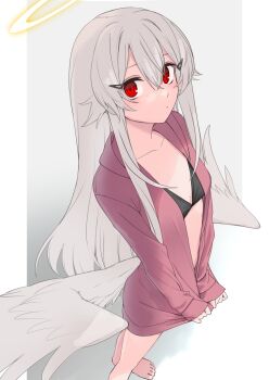 1girl barefoot bikini bikini_under_clothes black_bikini breasts closed_mouth feathered_wings grey_hair hair_between_eyes hair_ornament hairclip halo highres hood hood_down hooded_jacket jacket kawama_shuusuke long_hair looking_at_viewer low_wings original pink_jacket red_eyes small_breasts solo standing swimsuit very_long_hair white_wings wings