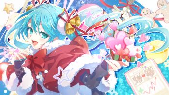 1girl aqua_eyes aqua_hair aqua_nails aqua_trim bell blush bow box capelet chart commentary_request fur-trimmed_capelet fur_trim gift gift_box gingerbread_man hair_bell hair_between_eyes hair_ornament hair_ribbon haru_aki hatsune_miku heart highres holding holding_gift long_hair long_sleeves merry_christmas open_mouth red_bow red_capelet red_ribbon ribbon smile solo star_(symbol) twintails upper_body very_long_hair vocaloid
