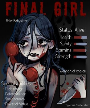 1girl blood blood_on_face corded_phone eyelashes feefal ghostface highres holding holding_knife horror_(theme) knife lipstick long_hair makeup original phone procreate_(medium) runny_makeup scream_(movie) upper_body