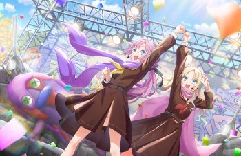 2girls :d ahoge anyoji_hime arm_up black_ribbon blonde_hair blue_hair brown_dress cape confetti dress fang feet_out_of_frame flower game_cg gradient_hair hair_flower hair_intakes hair_ornament hair_ribbon hasu_no_sora_school_uniform highres link!_like!_love_live! long_hair long_sleeves love_live! medium_dress mira-cra_park! multi-tied_hair multicolored_hair multiple_girls neckerchief non-web_source official_art open_mouth osawa_rurino parted_bangs pink_cape pink_flower pink_hair pleated_dress ponytail purple_scarf raised_fist red_neckerchief ribbon sailor_collar sailor_dress scarf school_uniform sidelocks smile twintails v v_over_head very_long_hair virtual_youtuber white_sailor_collar winter_uniform yellow_neckerchief