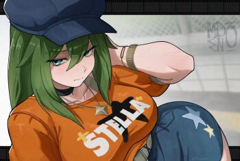 1girl belt blue_hat bracelet breasts denim green_eyes green_hair hat highres jewelry mendo0821 mole mole_under_eye necklace official_alternate_costume orange_shirt shirt solo star_(symbol) star_necklace venus_(zenless_zone_zero) zenless_zone_zero