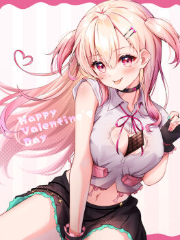 1girl bare_shoulders between_breasts black_choker black_skirt blonde_hair breasts chocolate choker cleavage_cutout closed_mouth clothing_cutout collared_shirt crop_top fang happy_valentine heart heart_cutout highres long_hair looking_at_viewer medium_breasts midriff miniskirt momose_nina navel object_on_breast project_nebula red_eyes shirt skirt sleeveless sleeveless_shirt smile solo toki_(toki_ship8) tongue tongue_out two_side_up virtual_youtuber white_shirt