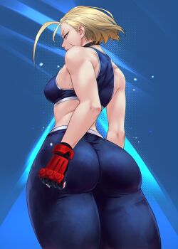 1girl ass ass_focus bare_shoulders blonde_hair braid breasts cammy_white curvy gabriel_carrasquillo gloves hat highres huge_ass looking_away medium_breasts official_alternate_hair_length official_alternate_hairstyle scar short_hair solo standing street_fighter street_fighter_6 thick_thighs thighs wide_hips