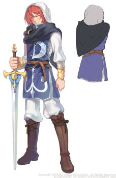 1boy artist_name baggy_pants belt black_scarf blue_tabard boots bracer brown_belt brown_boots caesty clenched_hand closed_mouth commentary_request company_name concept_art copyright_notice crescent english_text full_body gold_bracer hair_between_eyes hector_(tales_weaver) holding holding_sword holding_weapon hood hood_up knee_boots korean_commentary lace-up_boots legs_apart light_frown looking_at_viewer male_focus nexon official_art pants print_tabard production_art scarf simple_background solo standing sword tabard tales_weaver v-shaped_eyebrows watermark weapon web_address white_background white_hood white_pants white_sleeves wrist_guards yellow_eyes