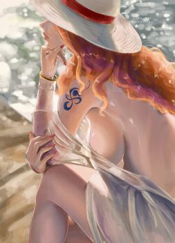1girl absurdres artist_name beach blurry breasts closed_mouth commentary covered_eyes dress facing_away hat highres large_breasts long_hair looking_ahead nail_polish nami_(one_piece) one_piece orange_hair pink_lips red_nails sand shoulder_tattoo sitting solo straw_hat stupidtako tattoo twitter_username wavy_hair