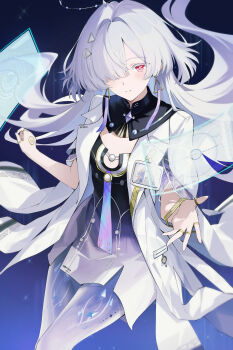 1girl absurdres ama_(pixiv24262513) breasts colored_eyelashes commentary dress english_commentary gradient_clothes gradient_dress grey_hair hair_intakes hair_ornament hair_over_one_eye halo hand_up highres holographic_interface id_card jacket jewelry light_blush long_hair looking_at_viewer mixed-language_commentary mornye_(wuthering_waves) multiple_rings parted_lips purple_dress red_eyes ring see-through_body small_breasts smile solo white_jacket wuthering_waves