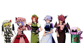 Rule 34 | 5girls, absurdres, apron, arm at side, arm behind head, arm tattoo, arm up, ascot, averting eyes, bandage over one eye, bandaged head, bandages, bandaid, bandaid on face, barcode, barcode tattoo, bat wings, biting own finger, black bow, black sclera, black shirt, black skirt, black thighhighs, black vest, blonde hair, blue bow, blue dress, blue hair, blunt bangs, bow, bowtie, braid, brain, breasts, brooch, bubble, cable, center frills, cigarette, closed eyes, closed mouth, collared dress, collared shirt, colored sclera, commentary request, covered navel, crescent, crescent hat ornament, cropped vest, crossed arms, crystal wings, curtained hair, dress, facing viewer, flandre scarlet, frilled apron, frilled shirt, frilled shirt collar, frilled skirt, frilled wrist cuffs, frills, green hat, green skirt, green vest, grey hair, hair between eyes, hair bow, hair over one eye, hand up, hat, hat ornament, highres, hong meiling, in container, izayoi sakuya, jewelry, koakuma, large breasts, long hair, long sleeves, looking at viewer, looking to the side, maid apron, maid headdress, mob cap, mouth hold, multiple girls, open mouth, overshirt, own hands together, parted lips, patchouli knowledge, pi-nattus, pink hat, pink shirt, pink skirt, pointy ears, puffy short sleeves, puffy sleeves, purple hair, red ascot, red bow, red bowtie, red eyes, red hair, red wrist cuffs, remilia scarlet, restrained, shirt, short hair, short sleeves, simple background, single wrist cuff, skirt, skirt set, sleeves past wrists, solo, standing, stitched face, stitches, sweatdrop, tattoo, teeth, thighhighs, touhou, twin braids, vest, white apron, white background, white hat, white headdress, white shirt, white wrist cuffs, wide shot, wing covers, wings, wrapped up, wrist cuffs