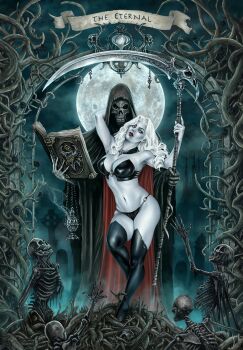 1boy 1girl absurdres black_bra black_cloak black_eyes black_footwear black_panties bone book boots bra breasts cape cleavage cloak death_(entity) english_text full_moon highres holding holding_book holding_scythe holding_weapon hood hooded_cloak lady_death lady_death_(character) large_breasts long_hair looking_at_viewer mike_krome moon navel night outdoors pale_skin panties red_cape red_lips scythe skeleton thigh_boots underwear weapon white_hair