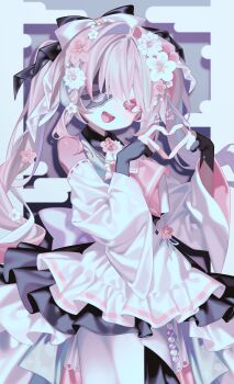 1girl :d absurdres black_bow black_gloves bow commentary commission dress fingerless_gloves four-finger_heart_hands gloves grey_background hair_bow hair_intakes hands_up heart heart_hands highres long_hair long_sleeves looking_at_viewer nullnull_nameko open_mouth original pink_eyes pink_hair signature smile solo white_bow white_dress wide_sleeves